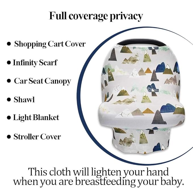 Baby Carseat Cover with Beanie, Adventure Mountain Infant Carseat Canopy for Boys Girls, Nursing Cover Breastfeeding Scarf for Mom, for Stroller High Chair Shopping Cart