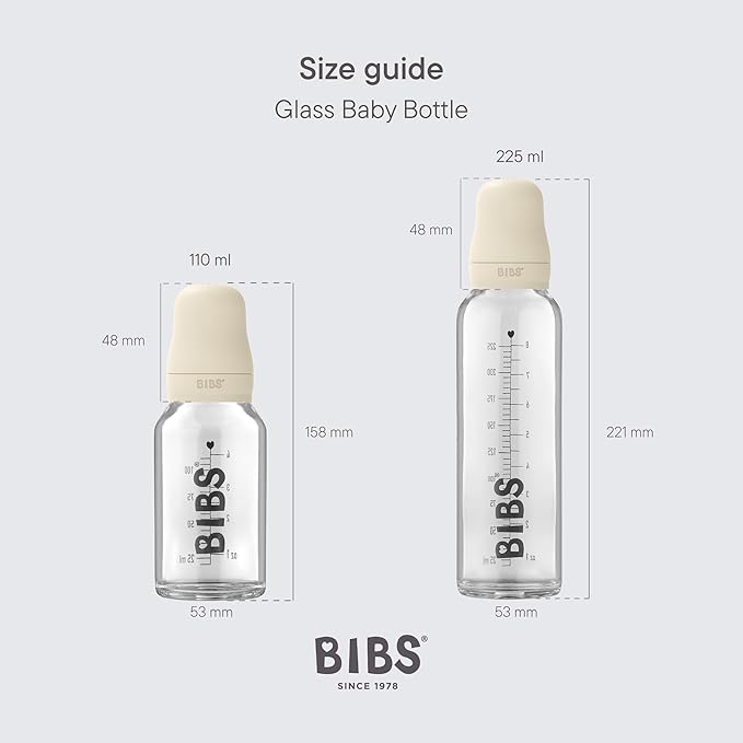 Bibs Baby Glass Bottle | Newborn Anti-Colic Baby Bottles | Borosilicate Glass with a Natural Vented Round Natural Rubber Latex Nipple | Consistent Flow Rate | 3.7 oz/110 ml | 2 Pack | Ivory