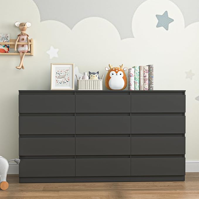 Black 12 Drawer Dresser for Bedroom,Modern Long Deep Drawer Dresser,Wood Storage Chest of Drawer, Storage Organizer Drawers for Bedroom