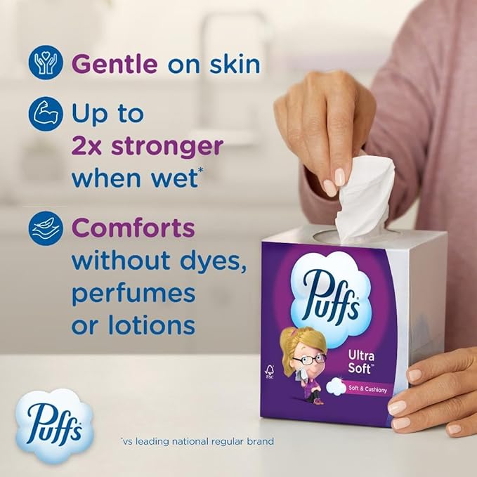 Puffs Ultra Soft Facial Tissues, 24 Family Boxes, 124 Tissues per Box