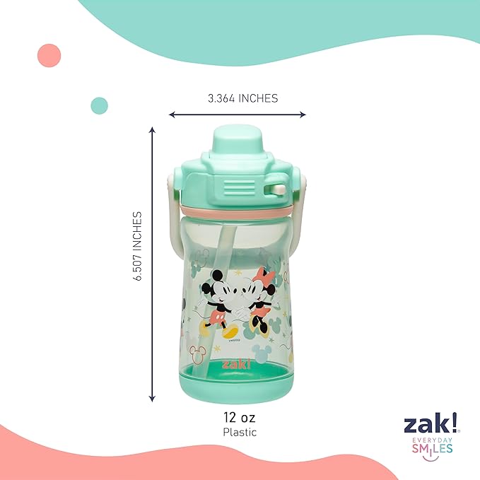 Zak Designs Disney Beacon Kid Water Bottle for Travel or At Home, 12oz Plastic is Durable and Leak-Proof with Liquid Lock Spout, Cover, Carry Handle, Protective Base (Mickey Mouse & Minnie Mouse)