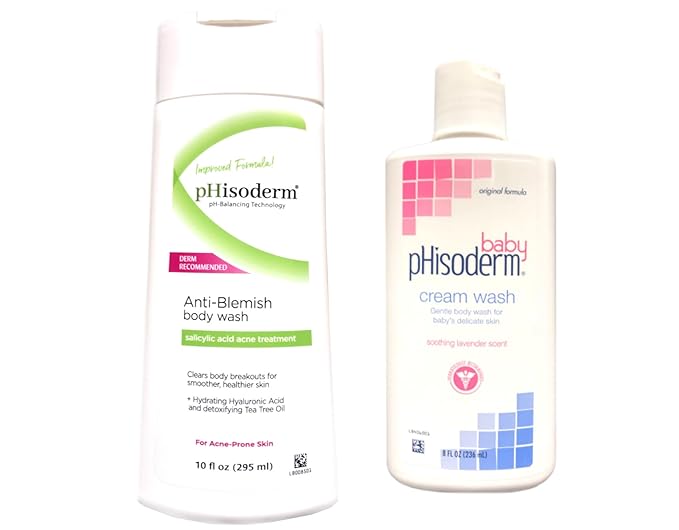 Phisoderm Baby Tear-Free Cream Wash powder-fresh scent 8 Fl oz + Anti-Blemish & Acne Care Body Wash 10 Fl oz (1 Each)
