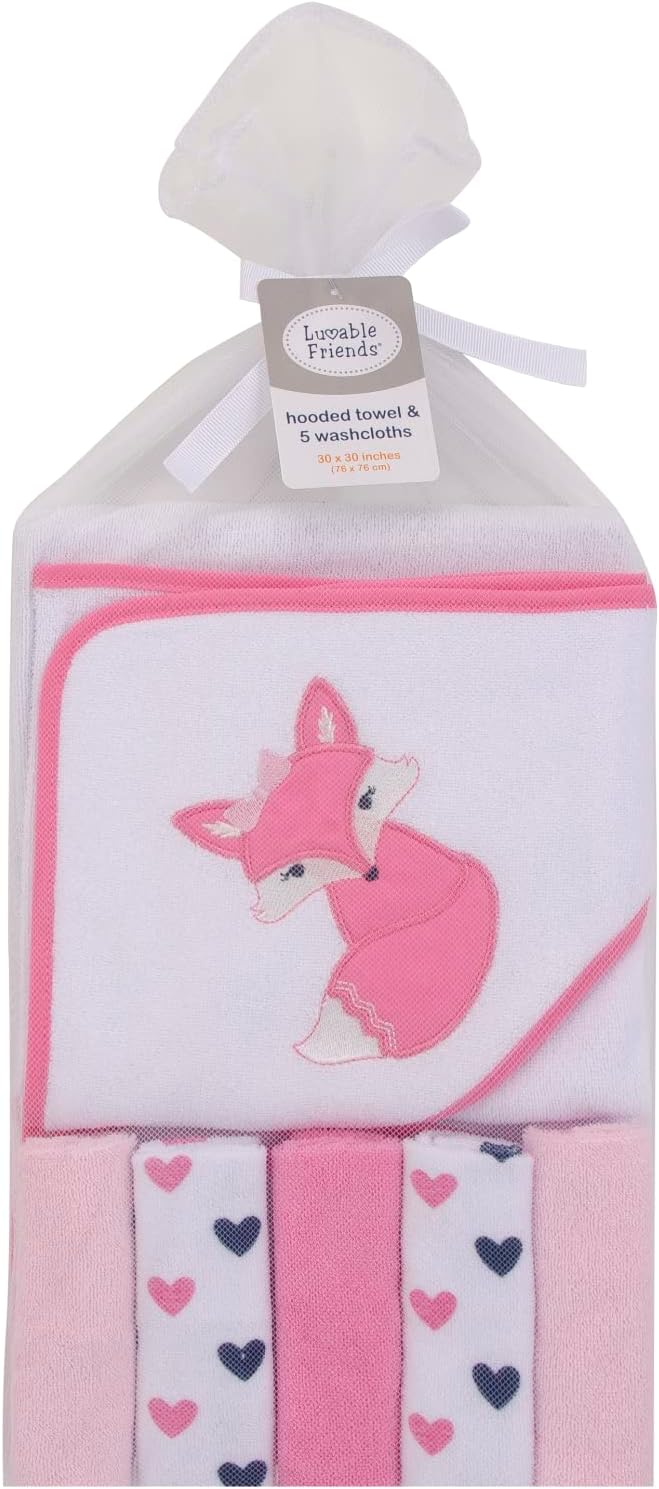 Luvable Friends Unisex Baby Hooded Towel with Five Washcloths, Foxy, One Size (Pack of 5)