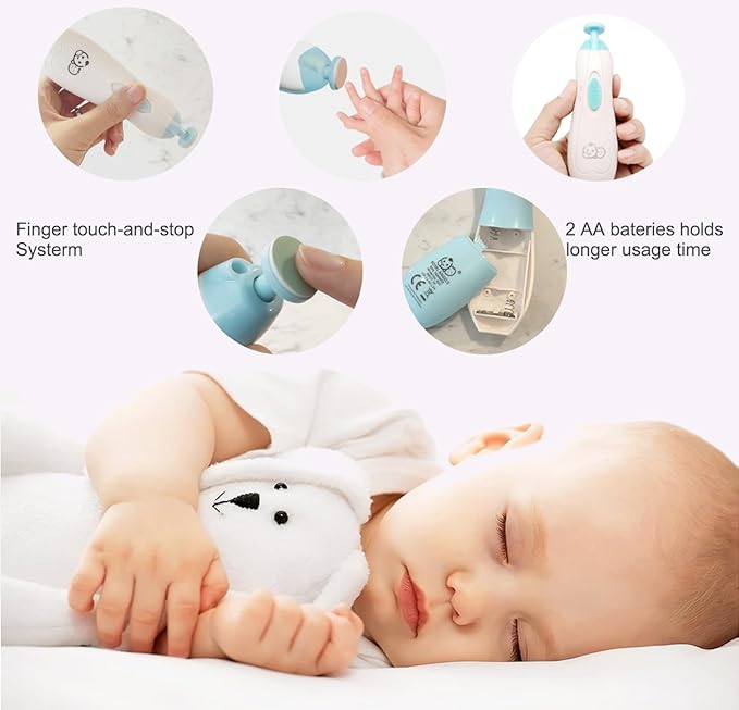 Royal Angels Upgraded 6 in 1 Baby Nail Trimmer with Labeled Case, 4 Colored Pads for Newborns to Toddlers, Whisper Quiet Electric Nail File with LED Light, Safe Manicure Set for Families (Babyblue)