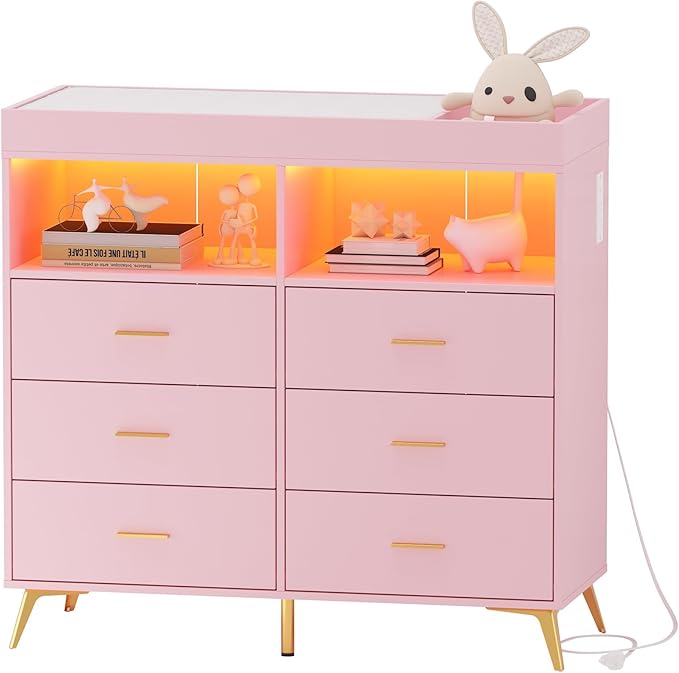 Baby Changing Table Dresser with 6 Drawers, Baby Nursery Dresser, LED Lights & Charging Station – Multifunctional Nursery Dresser with Removable Changing Top, Anti-Tip Design, Pink