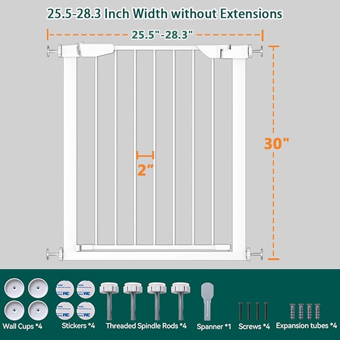 Fairy Baby 25.6-28.3 Inch Narrow Easy Install Baby Gate, Metal Safety Child Gate for Doorways, No Drilling Pressure Mounted Pet Gate for Small Stairs, No Extensions, White