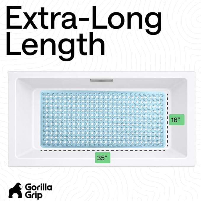 GORILLA GRIP Patented Bath Tub Shower Mat, Machine Washable Bathtub Floor Liner Mats, Suction Cups and Drain Holes to Keep Tubs Clean, Soft on Feet, Bathroom Essentials, 35x16 Inch, Clear Blue