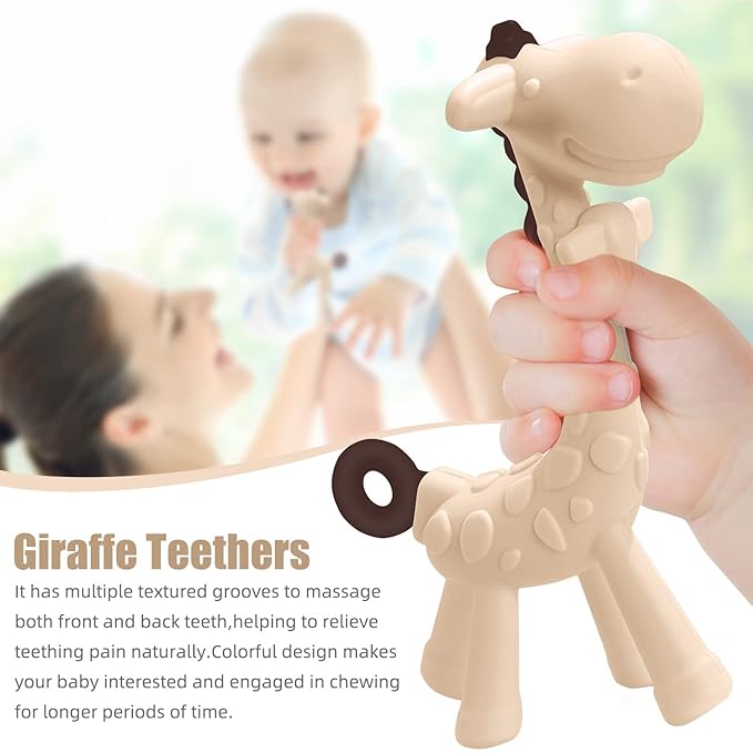SHARE&CARE Easter Day Gifts Silicone Giraffe Baby Teether Toy with Storage Case, for 3 Months Above Infant Sore Gums Pain Relief, Baby Teething Toys, Women Gift for Mom, Wife, Her (Cream)