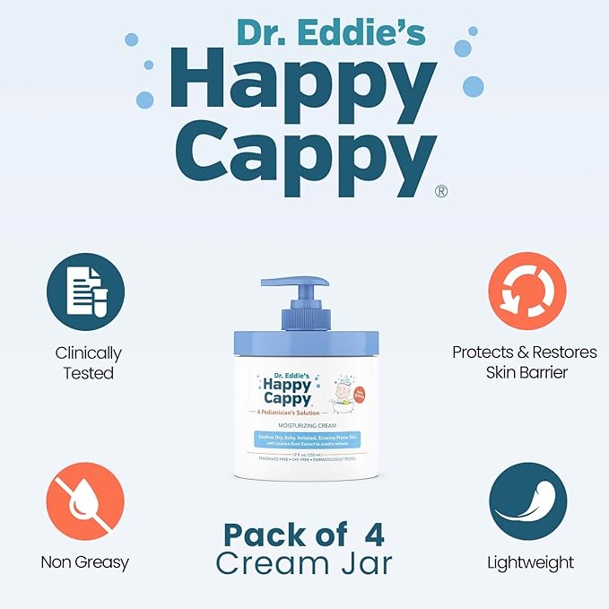 Happy Cappy Moisturizing Cream - Baby Eczema Cream, Eczema Lotion for Kids, Pediatrician-Formulated, Gentle, Paraben Free, Hypoallergenic, Soothes Dry Skin - 12 Fl Oz (Pack of 4)