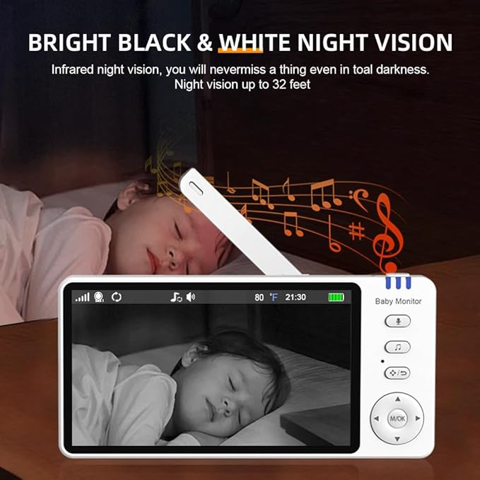 5" Video Baby Monitor with Camera and Audio, 720P HD Wireless No WiFi No App, 2-Way Talk,Voice Motion Detection, 8 Lullabies, 1000ft Long Range, Night Vision, Temperature & Feeding Alarm, 355° PTZ