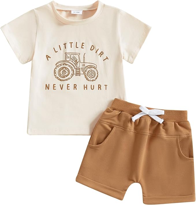 fhutpw Toddler Baby Boy Summer Clothes Tractor Letter Short Sleeve T-Shirt Tops Pockets Casual Shorts Set Infant Outfits