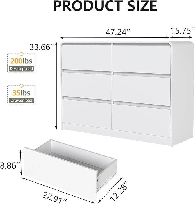 White 6 Drawer Dresser for Bedroom,Modern Chest of Drawer with Curved Corner and No-Handle Design,Bedroom Storage Organizer Dresser for Closet,Hallway