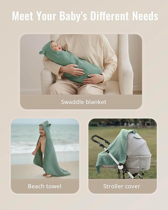 Blissful Diary Muslin Baby Hooded Towel, Soft and Absorbent Bath Towel for Newborn, Infant, Toddler, Unisex, 32″x32″ - Smart Bear