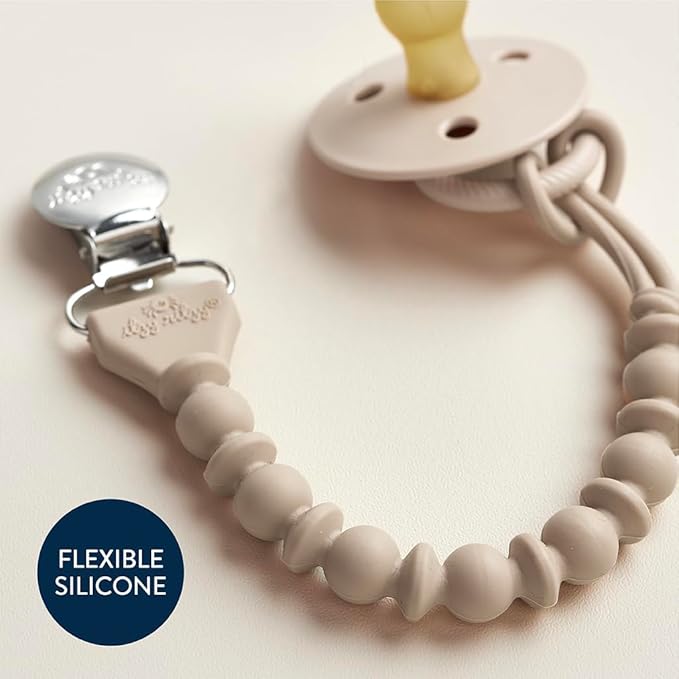 Itzy Ritzy Silicone Pacifier Clip; 100% Food Grade Silicone Pacifier Strap with Clip Keeps Pacifiers, Teethers & Small Toys in Place; Features One-Piece Design & Cord (Toast)