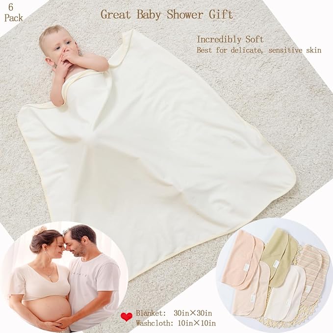 6 Pack Organic Cotton Baby Bath Set, Ultra Soft Embroidered Hooded Towel and 5 Washcloths, Premium Gentle Newborn, Toddlers Gift for Sensitive Skin, Brown 30 x 30 Inch