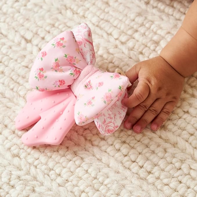 Itzy Ritzy Crinkle Teether Toy – Bow Teething Toy Includes Silicone, Velour & Crinkle Material – Features Multiple Textures for Teething Relief – Designed for Ages 3 Months and Up (Bow)