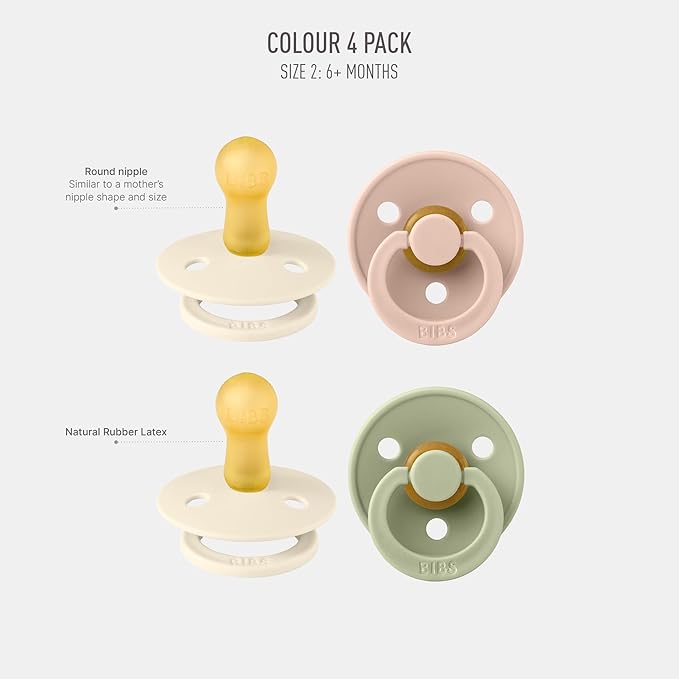 BIBS Colour Soother 4-Pack | BPA Free Dummy Pacifier | Round Nipple | Natural Rubber Latex | Made in Denmark | Size 6-18 Months | Ivory Mix