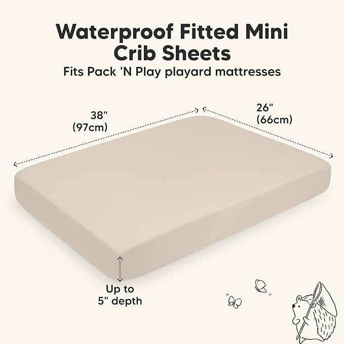 2-Pack Waterproof Pack and Play Sheets, Mini Crib Sheets Fitted for Boy, Girl - 38 x 26 Viscose from Bamboo Pack N Play Mattress Sheets for Graco, Toddler Playard Baby Crib Sheets Neutral (Macadamia)