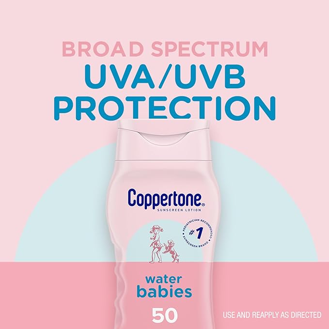 Coppertone WaterBabies Baby Sunscreen Lotion SPF 50, Hypoallergenic Sunscreen for Babies, Water Resistant, Pediatrician Recommended, 8 Fl Oz Bottle (Pack of 2)