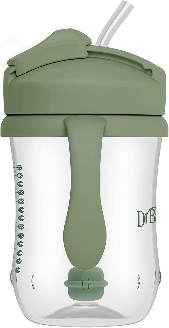 Dr. Brown's Milestones Baby's First Straw Cup, Training Cup with Weighted Straw, 9 oz/270 mL, BPA-free, 6m+, Coral/Olive Green, 2-Pack