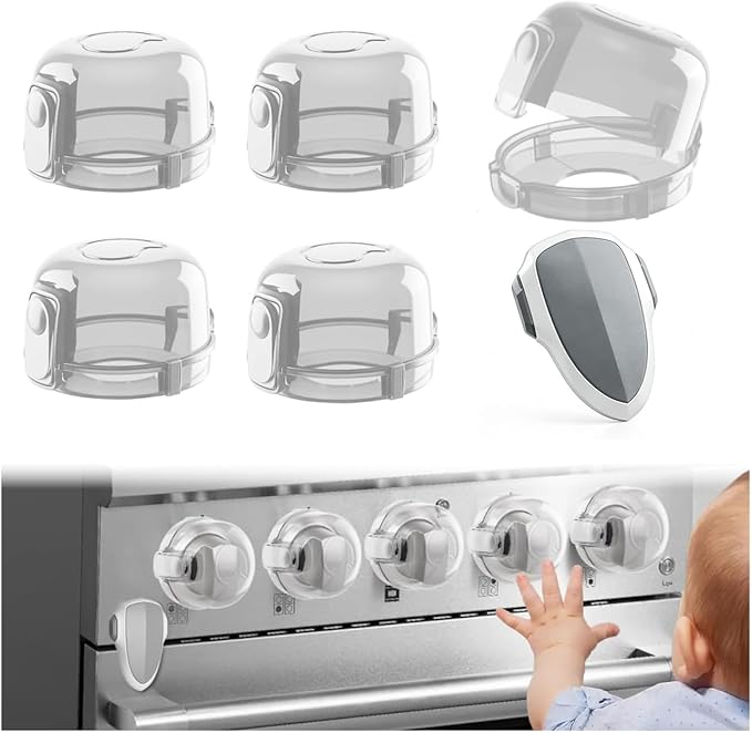 Stove Knob Safety Covers & Oven Lock for Child Baby Proofing Kitchen Universal Size Gas Knob Covers Clear View Childproof Oven Knob Covers for Kids and Pets (5packs +1locks)