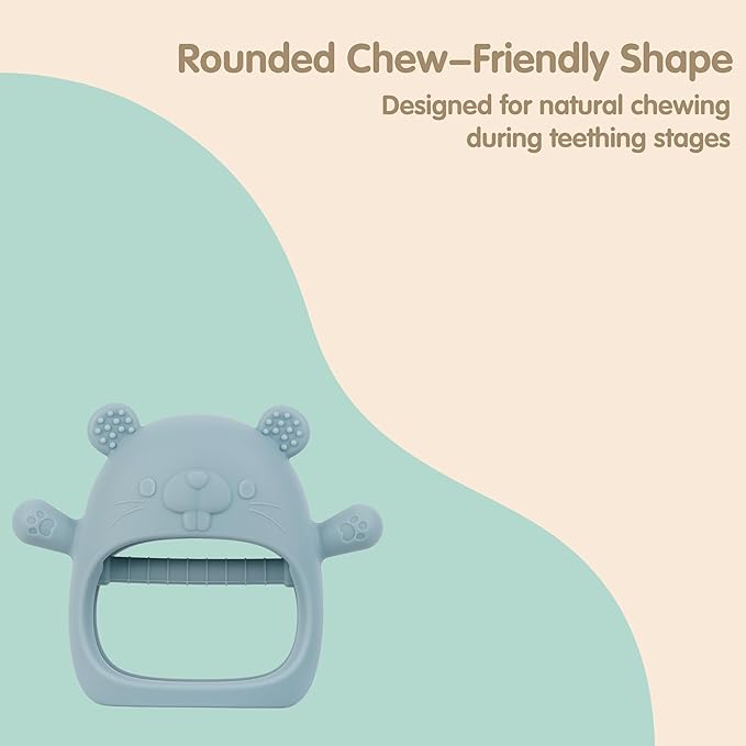 Silicone Baby Teether for 3–12 Months, BPA-Free Easy Grip Teething Toy for Infants, Soft Sensory Chew Toy, One-Piece Dishwasher Safe Design(Groundhog Dusty Blue)