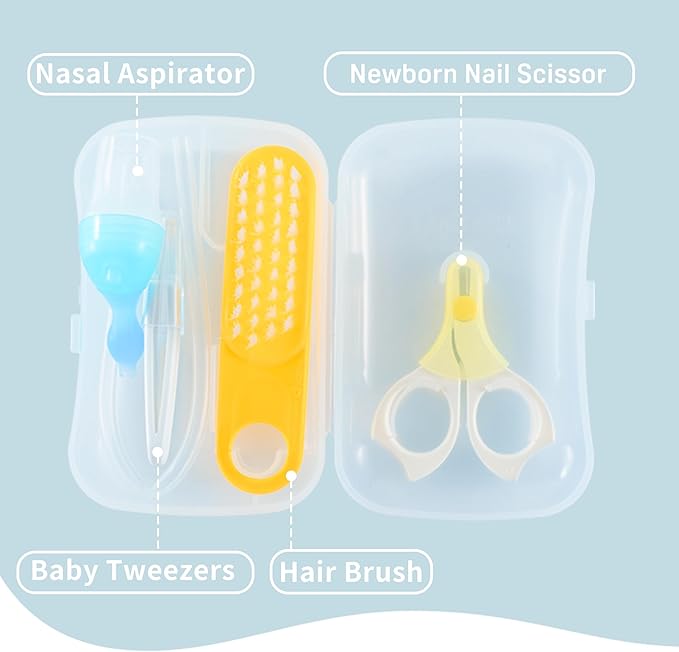 Pigeon 4-in-1 Baby Grooming Kit with Storage Case, Safe Baby Care Products, Newborn Essentials, Includes Newborn Nail Scissors, Brush, Baby Tweezer, and Nasal Sucker Clear Nose