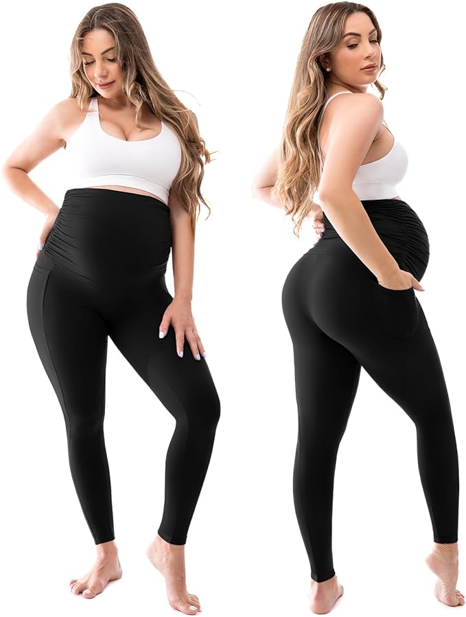 Walifrey Women's Maternity Leggings with Pockets Over The Belly,Pregnancy Yoga Pants Activewear Workout Leggings