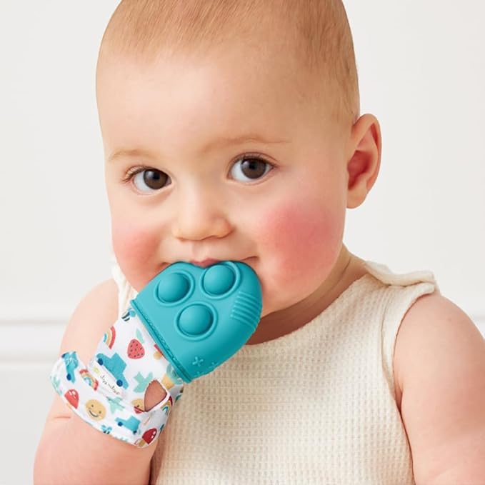 Itzy Ritzy Silicone Teething Mitt - Soothing Infant Teething Mitten with Adjustable Strap, Crinkle Sound & Textured Silicone to Soothe Sore & Swollen Gums - for Ages 3 Months & Up (Teal)