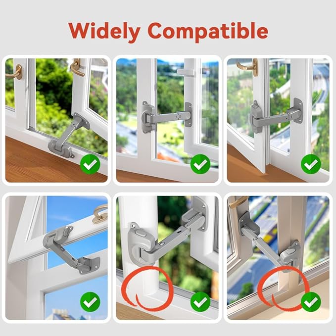 EUDEMON 2 Pack Updated Baby Window Safety Lock, Childproof Window Restrictor for UPVC, Adjustable Winodw Guard for Wooden, Metal Frames (Grey)