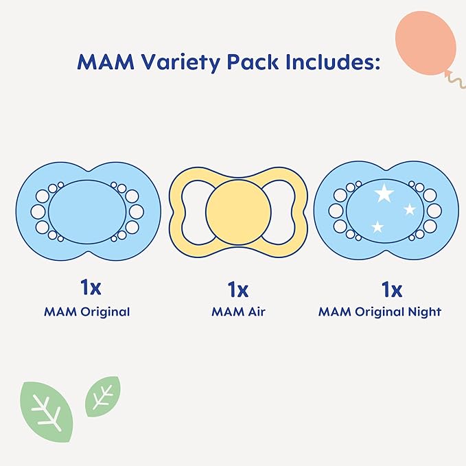 Pacifier, 16+ Months, Variety Pack (1 Original, 1 Air + 1 Night Pacifier), Unisex 3-Count