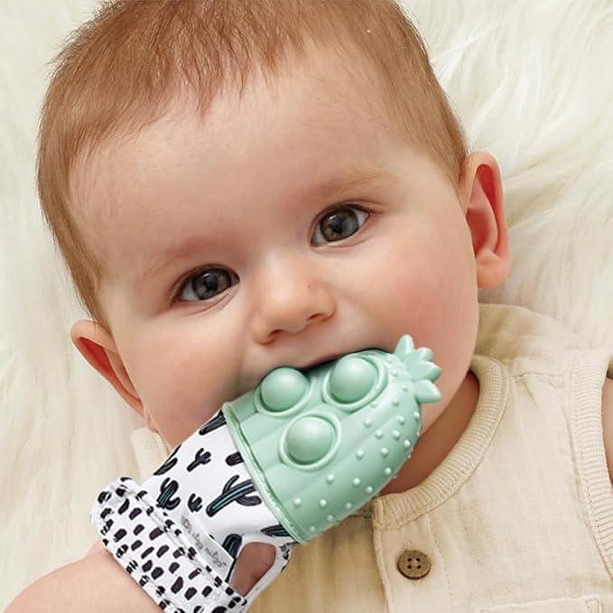 Itzy Ritzy Silicone Teething Mitt - Soothing Infant Teething Mitten with Adjustable Strap, Crinkle Sound & Textured Silicone to Soothe Sore & Swollen Gums - for Ages 3 Months & Up (Cactus)