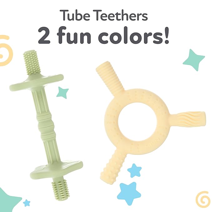 Nuby Hollow Tube Silicone Teething Toy - (2-Pack) Baby Teething Sticks - 3+ Months - Yellow and Green