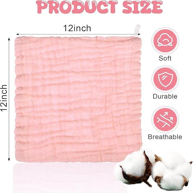 Chumia 30 Pcs Baby Muslin Washcloths Muslin Burp Cloths Baby Towel Natural Cotton Burp Cloths Wipes Soft Newborn Face Towel Absorbent for Face Bath Shower, 12 x 12'' (Light Pink, White, Pink)