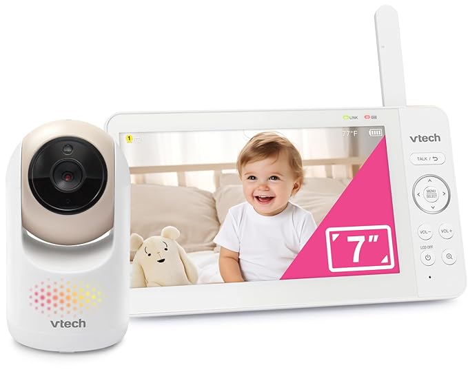 VTech Video Baby Monitor with 7" Color LCD Screen, Rechargeable Battery, Video Streaming, Audio Streaming, Pan-Tilt-Zoom, Touch Multi-Color Night Light, Two-Way Talk, Long Range: Advanced Max Tan
