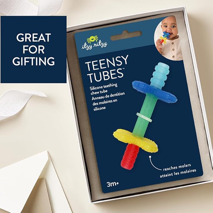 Itzy Ritzy Teensy Tube Teether – Textured Hollow Baby Teething Tube That Reaches Front Teeth & Back Molars, Made of Soft Silicone (Rainbow)