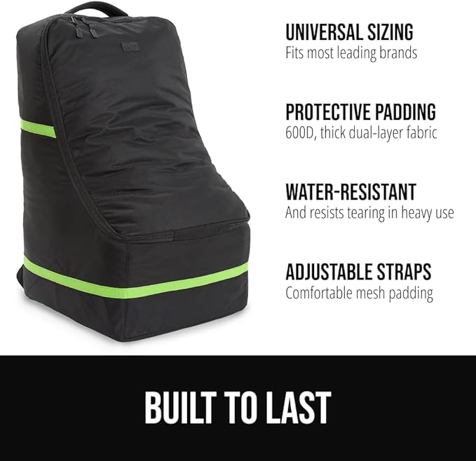 GORILLA GRIP Tear and Water Resistant Padded Car Seat Travel Bag for Airplane and Airport, Universal Fit Baby Carseat Bags, Holds Up to 50lbs, Handle & Shoulder Straps, Air Gate Check Carrier, Green