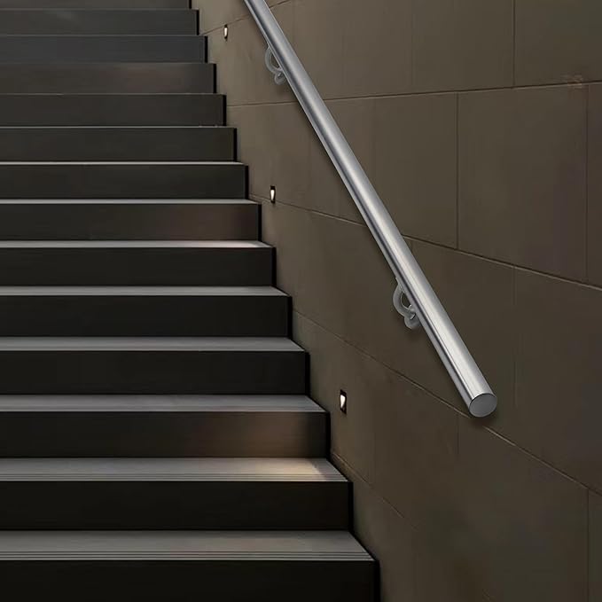 13FT Modern Aluminum Handrail Set, handrails for Indoor Stairs,Deck,Slope, Wall Mounted Staircase handrails, Zink Alloy Brackets Included,Rust Free. (Anodized Silver, 13 FT)