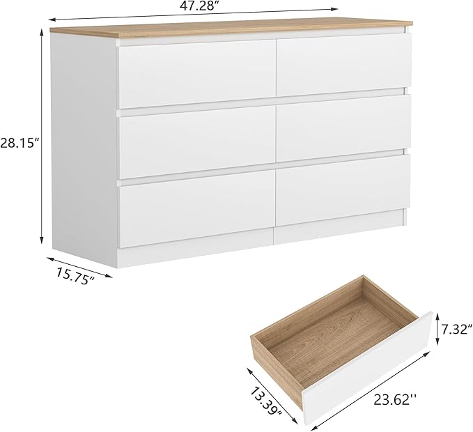 White Dresser for Bedroom, Modern Large 6 Drawer Dresser with Deep Drawer,Chest of Drawers,Wood Bedroom Storage Organizer Furniture,TV Stand for Living Room