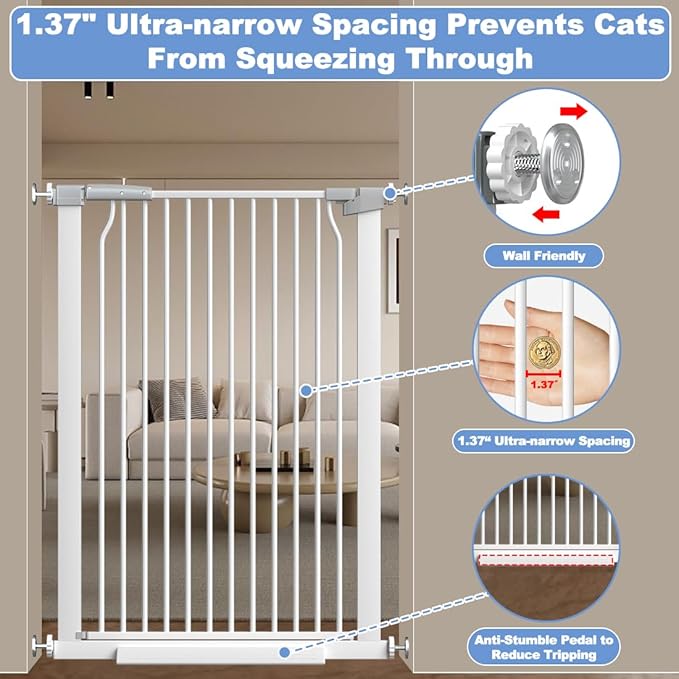40.55" Extra Tall Baby Gate for Stairs-40.6"-54.7" Wide 1.37" Ultra Narrow Spacing Extra Wide Pet Cat Gate Dog Gate-Auto-Close Pressure Mounted Dog Door for Pets and Kids,White