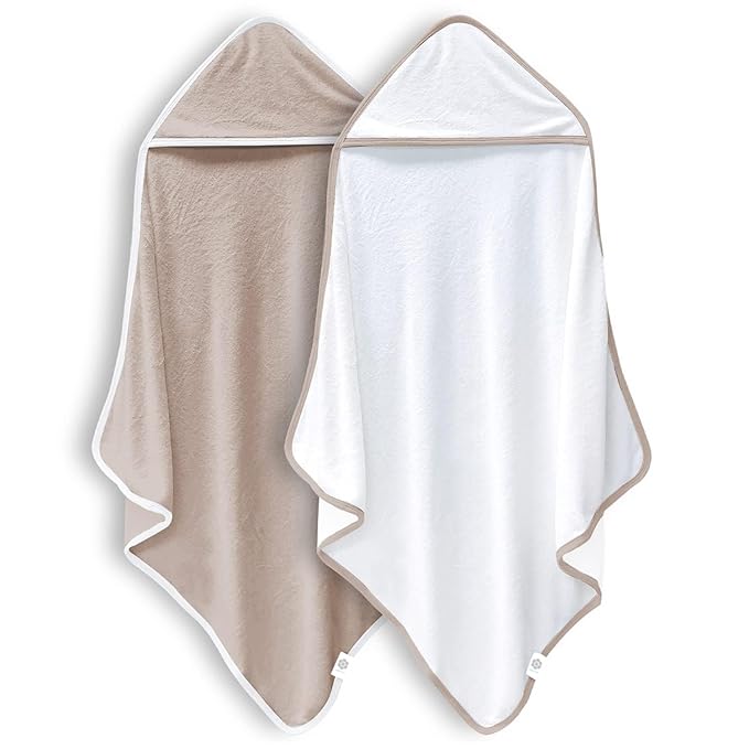 2 Pack Baby Bath Towel - Rayon Made from Bamboo, Ultra Soft Hooded Towels for Kids - X Large Size for 0-7 Yrs (White and Brown, 37.5 x 37.5 Inch)