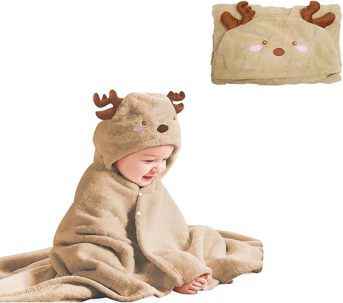 Toddler Bath Towel Baby Towels with Hood 27.5"X55" Ultra Absorbent Soft Bathrobe Blanket Kids Shower Towel for Girls and Boys(Beige Deer)