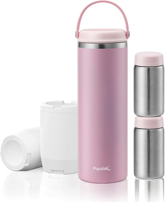 Papablic 360° CapsuleChill Breastmilk Cooler for 36H Safe Storage, Stress-Free Portable Breast Milk Chiller for Working Mom, 20oz Travel Cooler with 2pcs Stainless Steel Baby Bottles, Sakura Pink