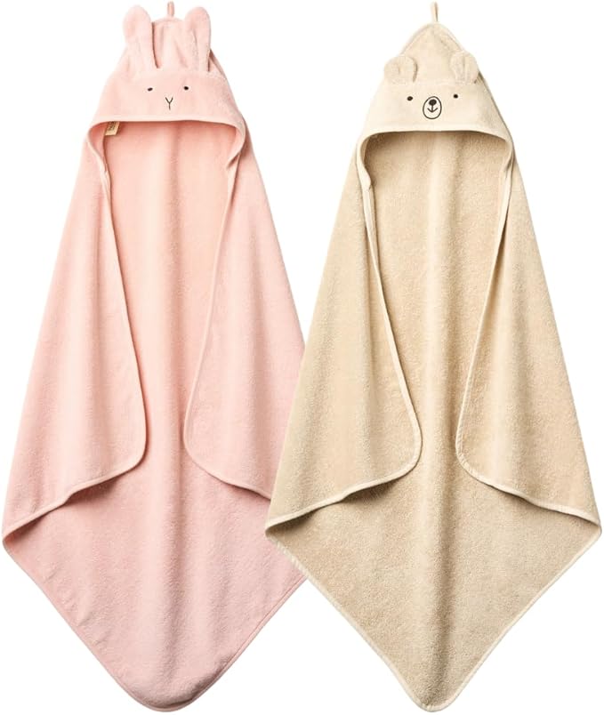 Baby Hooded Towel – Organic Cotton Baby Bath Towels, 32" x 32" Super-Soft and Absorbent Baby Towels for Newborn 2-Pack (Rabbit Blush/Bear Fog)
