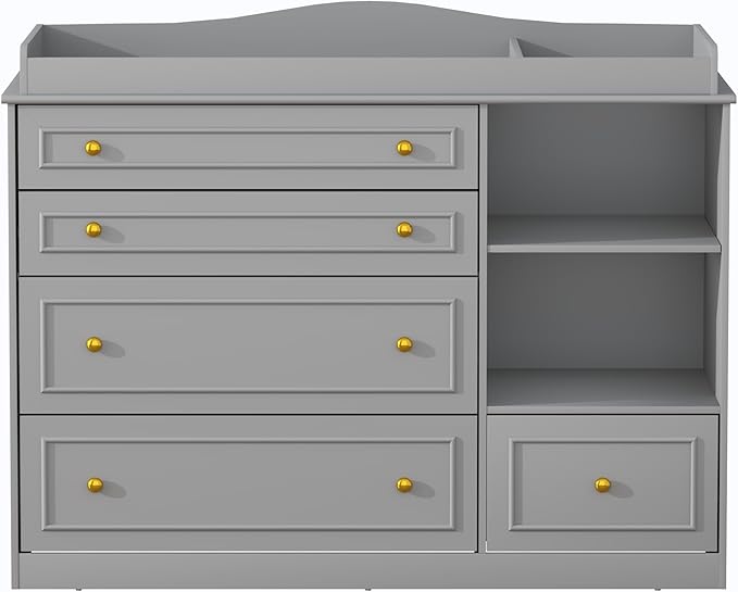 St.Mandyu Grey Changing Table Dresser, Baby Nursery Dresser, Baby Diaper Changing Table, 5 Drawers, Adjustable Shelves, Metal Handle, Curved Wrapping Design, Grey