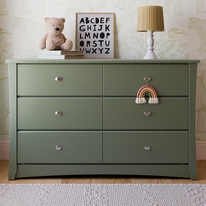 Storkcraft Crescent 6-Drawer Dresser (Olive) – GREENGUARD Gold Certified, Green Dresser for Bedroom, Kids & Nursery Storage Chest, Safety Interlocking Drawers, Pre-Installed Tracks, Kids Chest