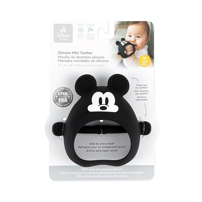 Bumkins Disney Baby Silicone Undroppable Teething Mitt, Freezer Toy Teether Keys, Soft Flexible Platinum Silicone Pacifier to Chew, Cool Teether Gum Relief, Essentials Babies 3 Months, Mickey Mouse