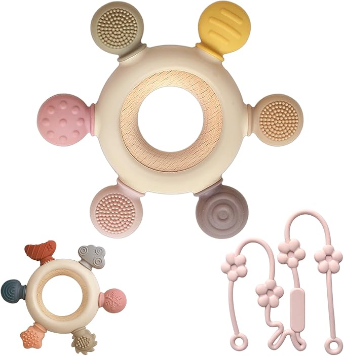 3 Packs Teether Rings for 0-6 6-12 Months Babies, Teething Toys with Pacifier Clip Holder, Baby Chew Toys for Sucking Needs, Baby Essentials