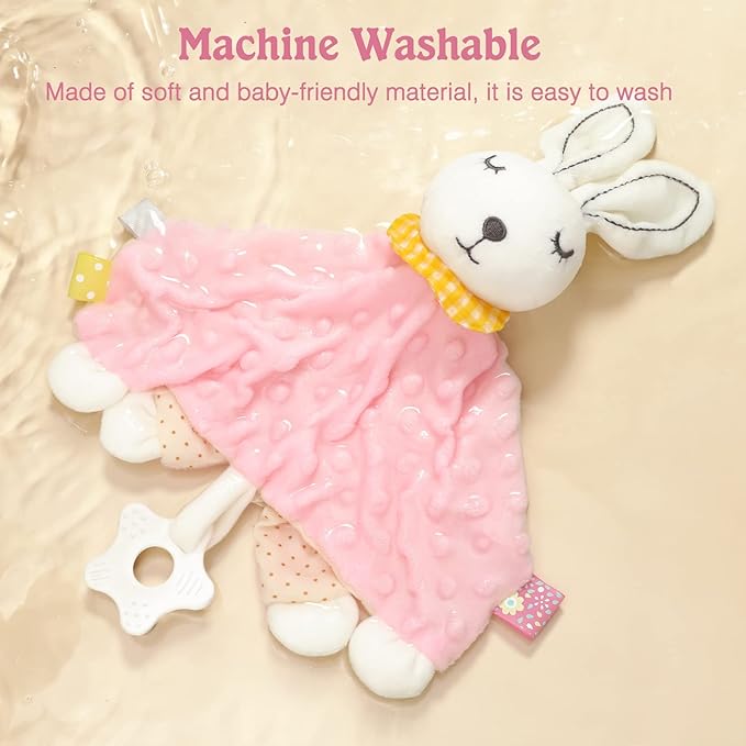Zooawa Loveys for Babies, Security Blanket Soft Stuffed Animal Bunny Lovey Unisex Lovie Baby Stuff Snuggle Blanket with Tags Teether Bells, Soothing Plush Toys Baby Gift for Newborn, Pink Rabbit