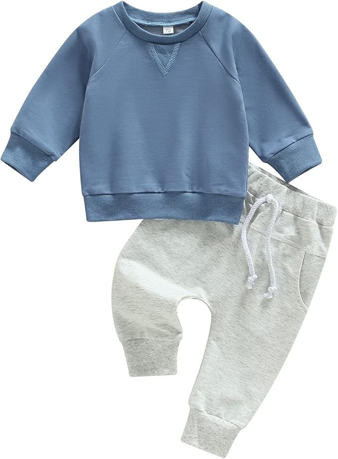 Toddler Baby Boy Clothes Solid Color Long Sleeve Crewneck Sweatshirt Top Casual Pants Set 2Pcs Fall Winter Outfits